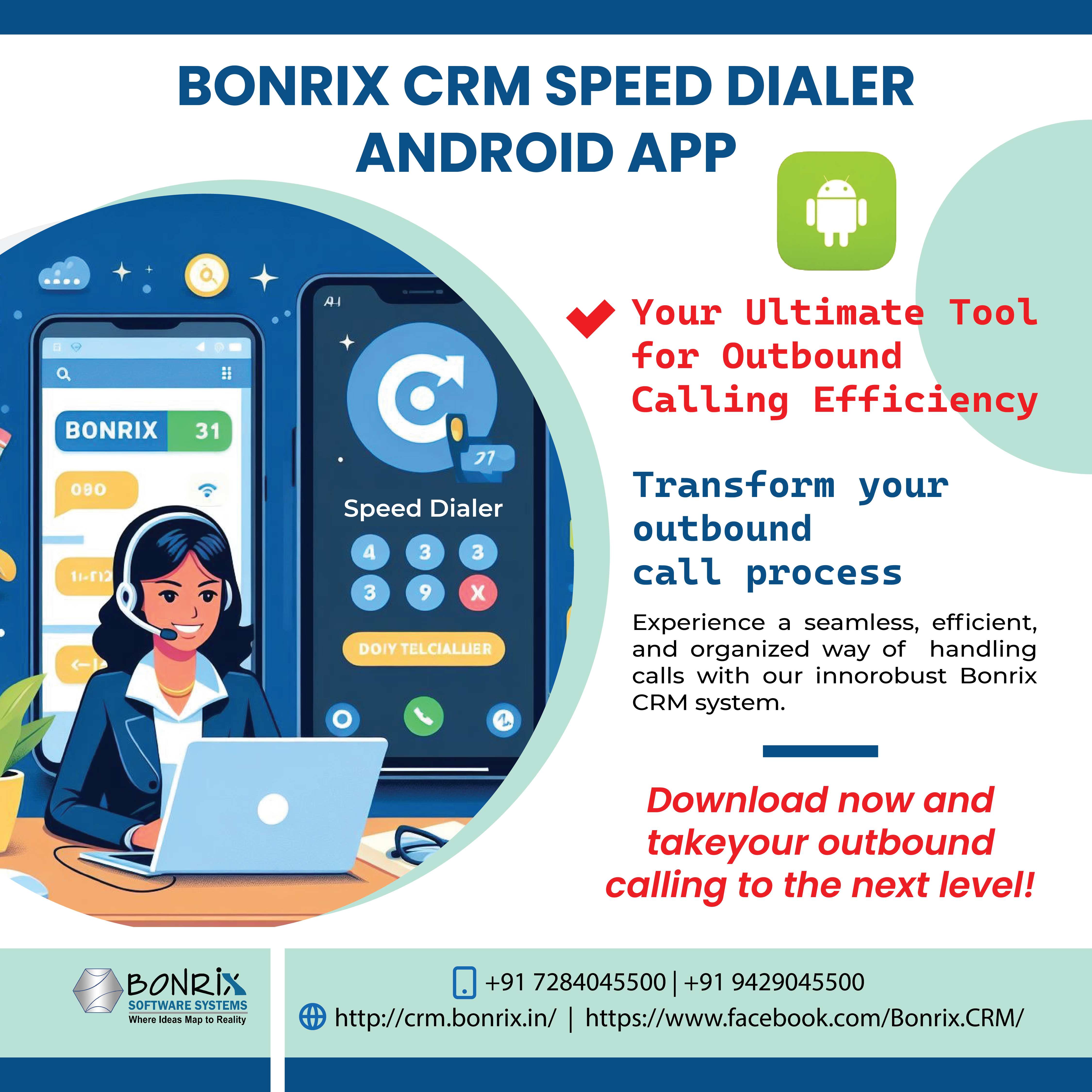 Bonrix CRM Speed Dialer Android app interface for efficient outbound calling with cloud-based support